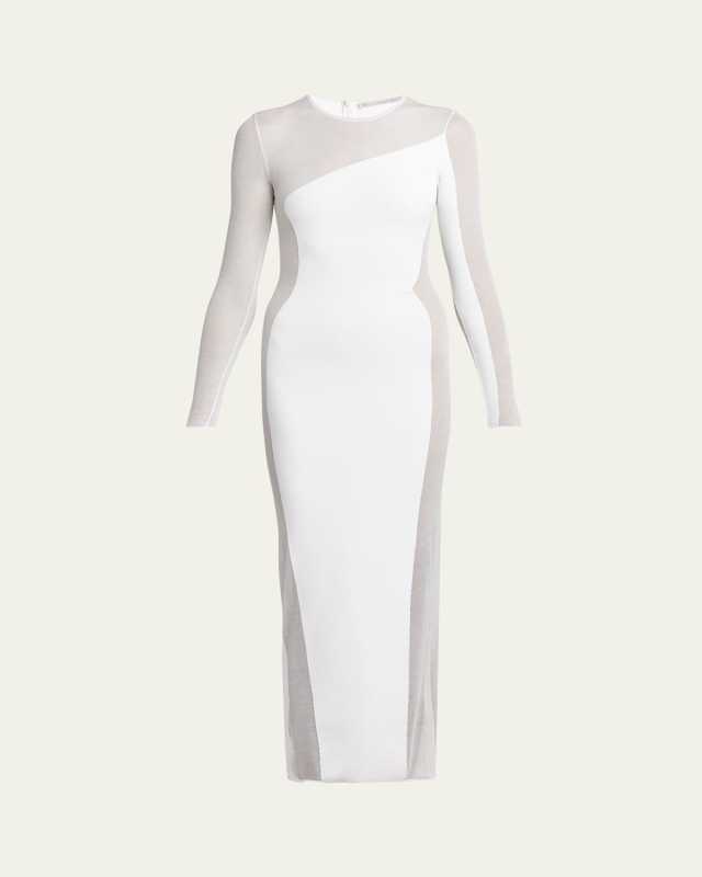 Compact Knit Sheer-Sides Long-Sleeve Ankle Dress